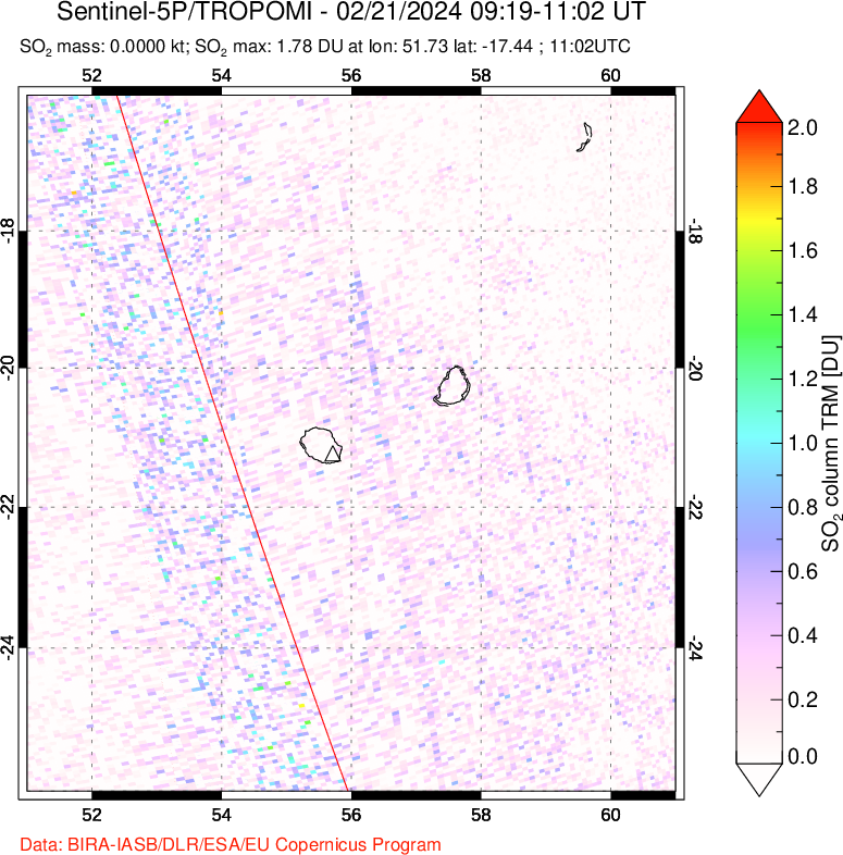 A sulfur dioxide image over Reunion Island, Indian Ocean on Feb 21, 2024.