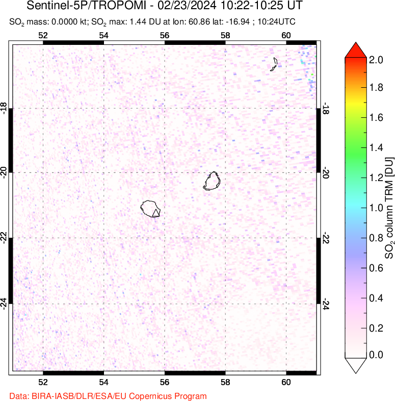 A sulfur dioxide image over Reunion Island, Indian Ocean on Feb 23, 2024.