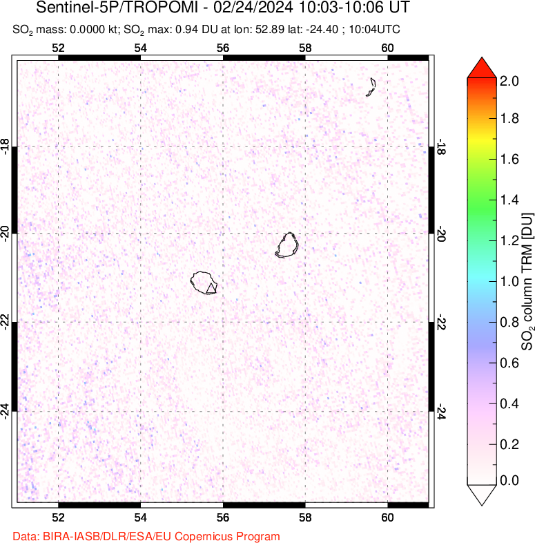 A sulfur dioxide image over Reunion Island, Indian Ocean on Feb 24, 2024.