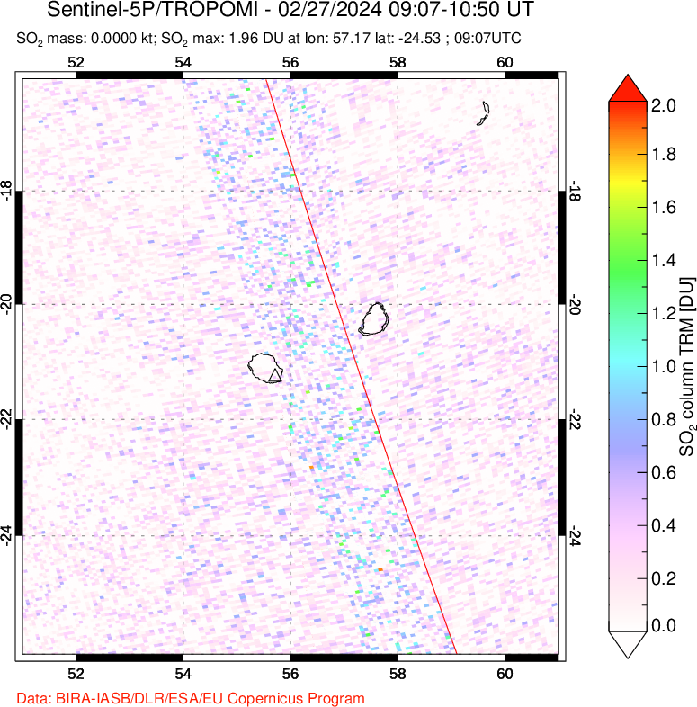 A sulfur dioxide image over Reunion Island, Indian Ocean on Feb 27, 2024.