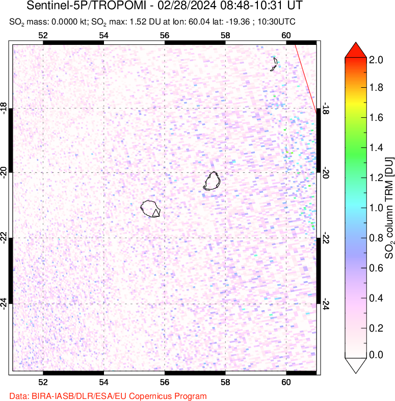 A sulfur dioxide image over Reunion Island, Indian Ocean on Feb 28, 2024.