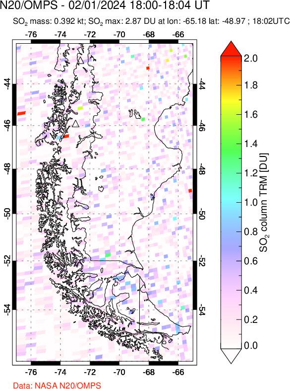 A sulfur dioxide image over Southern Chile on Feb 01, 2024.