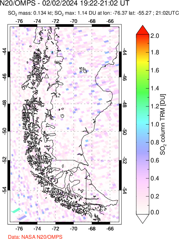 A sulfur dioxide image over Southern Chile on Feb 02, 2024.