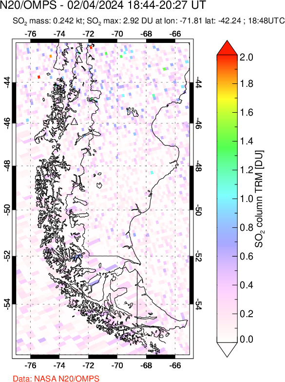 A sulfur dioxide image over Southern Chile on Feb 04, 2024.