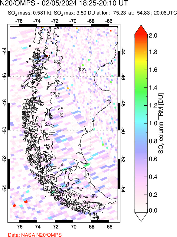 A sulfur dioxide image over Southern Chile on Feb 05, 2024.