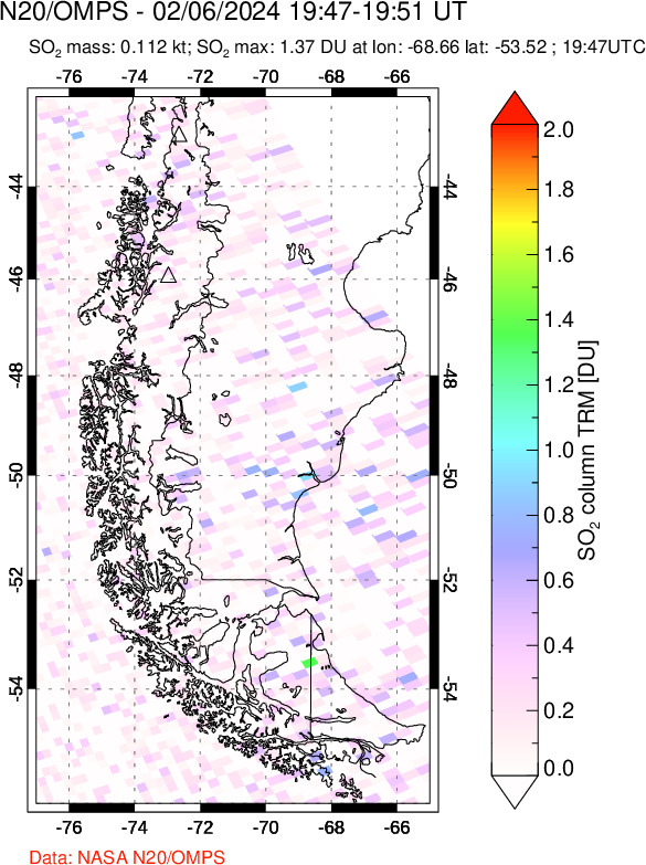 A sulfur dioxide image over Southern Chile on Feb 06, 2024.