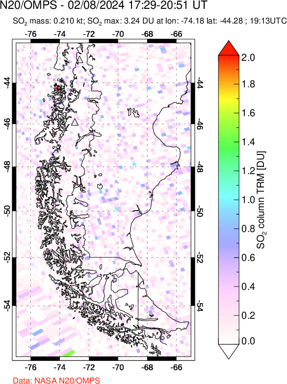 A sulfur dioxide image over Southern Chile on Feb 08, 2024.