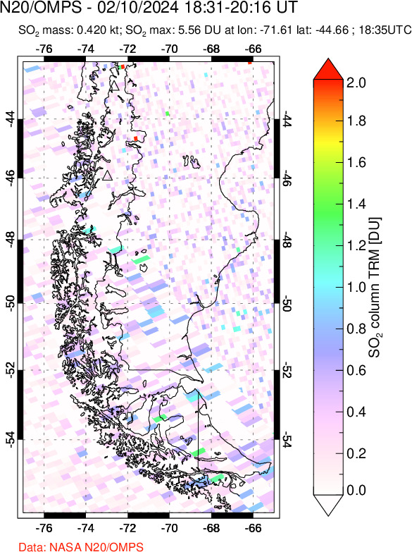 A sulfur dioxide image over Southern Chile on Feb 10, 2024.