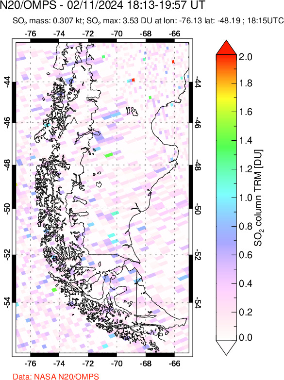 A sulfur dioxide image over Southern Chile on Feb 11, 2024.