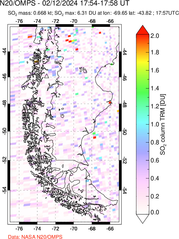 A sulfur dioxide image over Southern Chile on Feb 12, 2024.