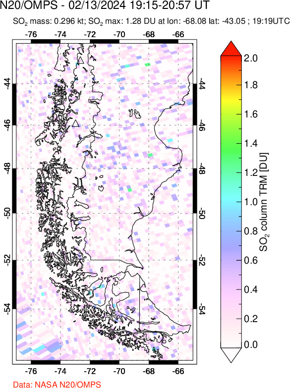 A sulfur dioxide image over Southern Chile on Feb 13, 2024.