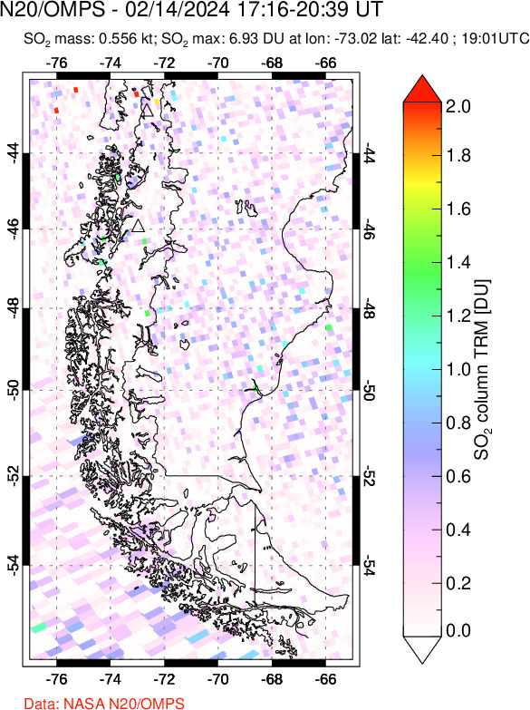 A sulfur dioxide image over Southern Chile on Feb 14, 2024.