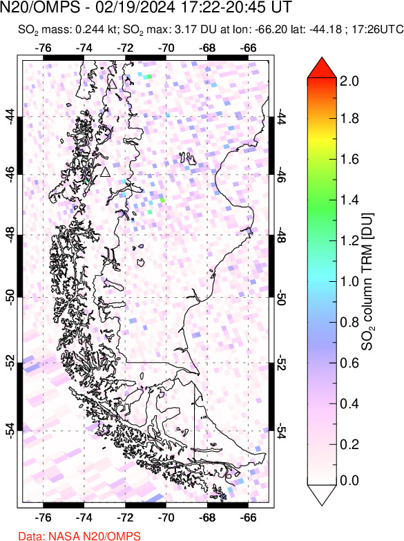 A sulfur dioxide image over Southern Chile on Feb 19, 2024.