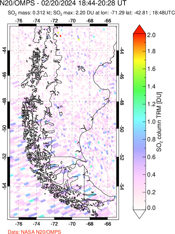 A sulfur dioxide image over Southern Chile on Feb 20, 2024.