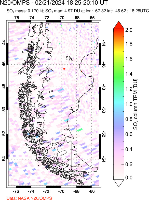 A sulfur dioxide image over Southern Chile on Feb 21, 2024.