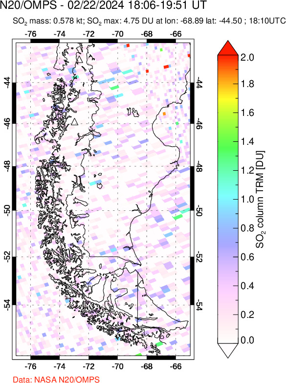 A sulfur dioxide image over Southern Chile on Feb 22, 2024.