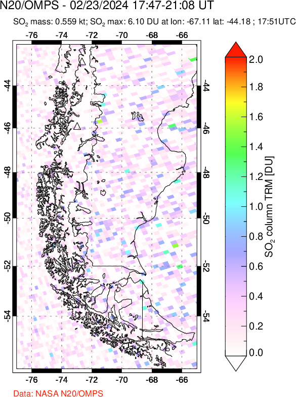 A sulfur dioxide image over Southern Chile on Feb 23, 2024.