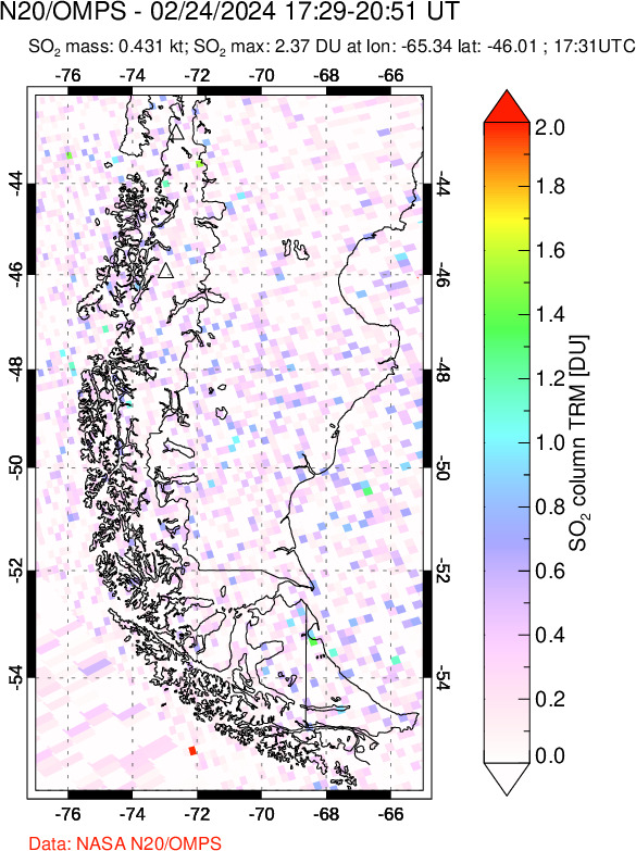 A sulfur dioxide image over Southern Chile on Feb 24, 2024.