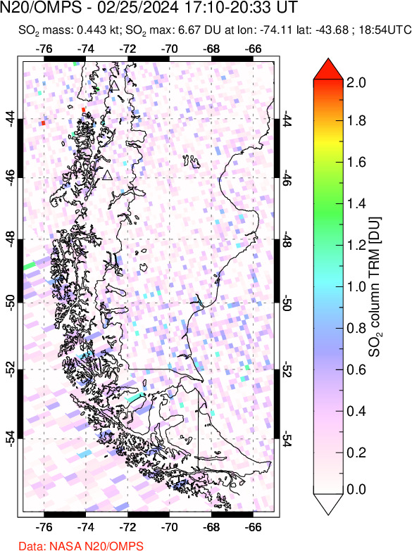 A sulfur dioxide image over Southern Chile on Feb 25, 2024.