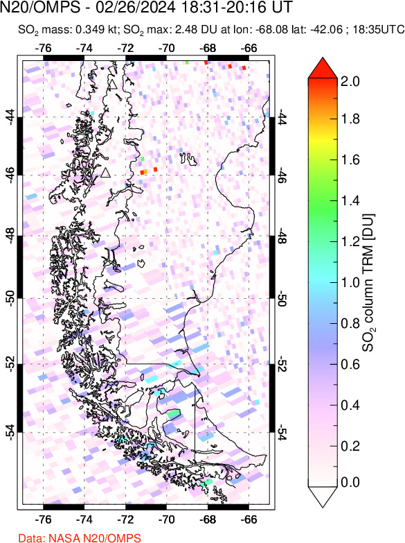 A sulfur dioxide image over Southern Chile on Feb 26, 2024.