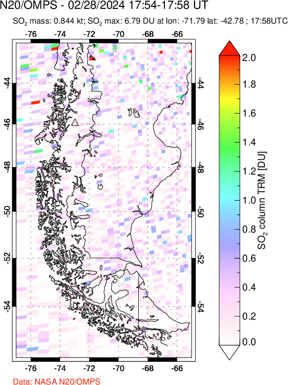 A sulfur dioxide image over Southern Chile on Feb 28, 2024.