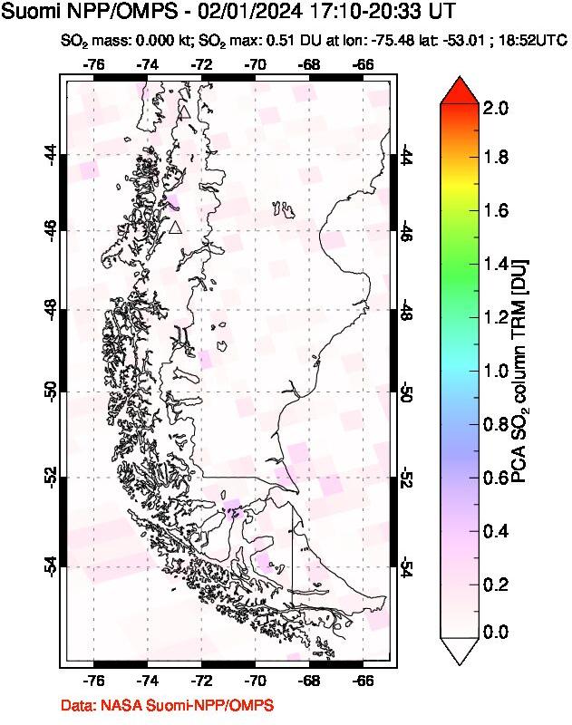 A sulfur dioxide image over Southern Chile on Feb 01, 2024.