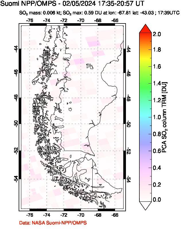 A sulfur dioxide image over Southern Chile on Feb 05, 2024.