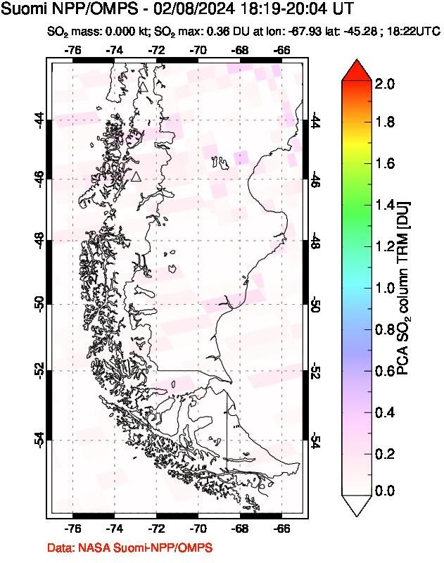 A sulfur dioxide image over Southern Chile on Feb 08, 2024.