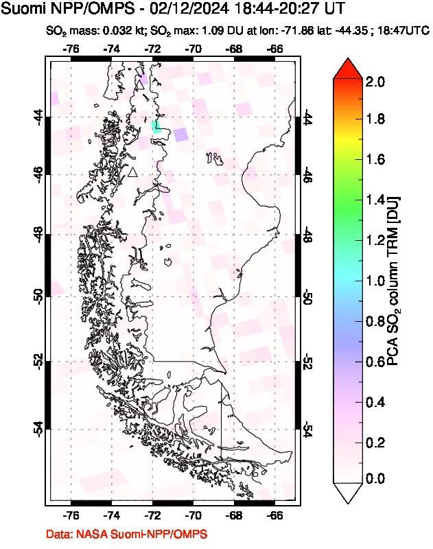 A sulfur dioxide image over Southern Chile on Feb 12, 2024.