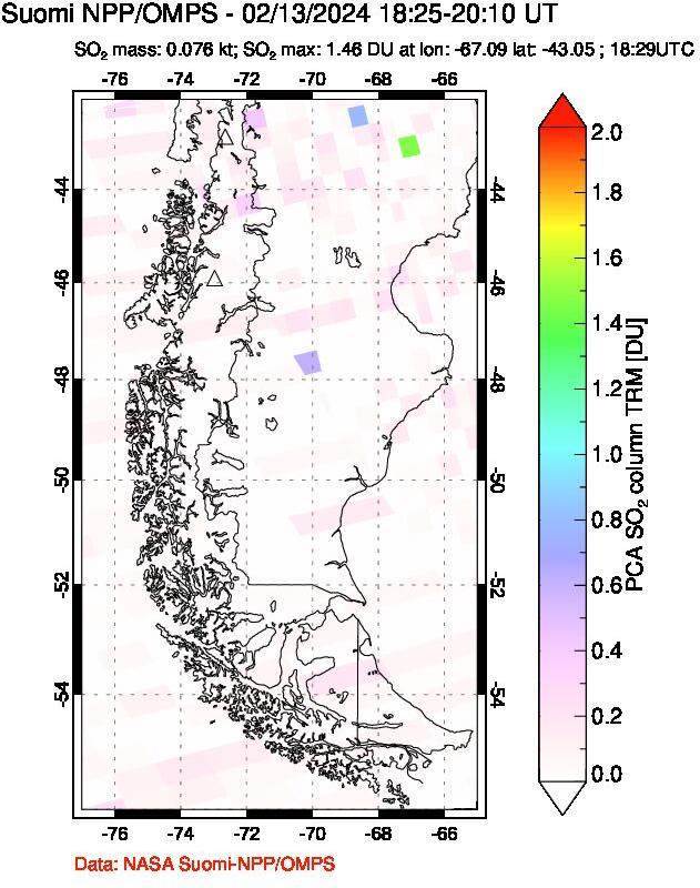 A sulfur dioxide image over Southern Chile on Feb 13, 2024.