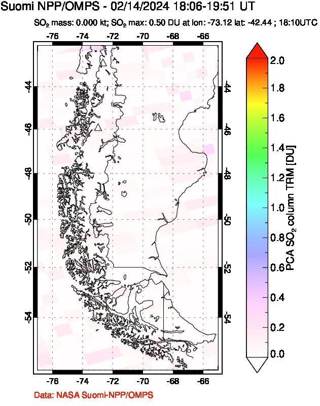 A sulfur dioxide image over Southern Chile on Feb 14, 2024.