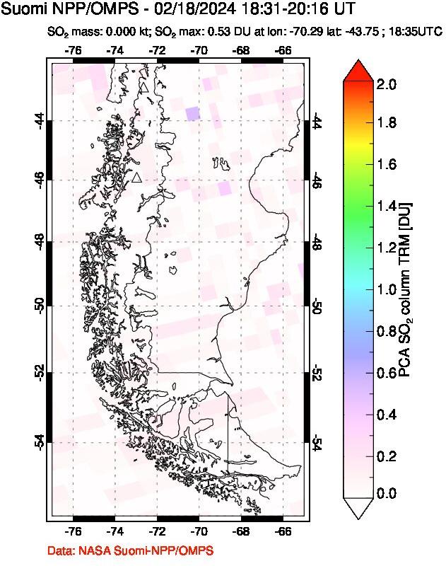 A sulfur dioxide image over Southern Chile on Feb 18, 2024.