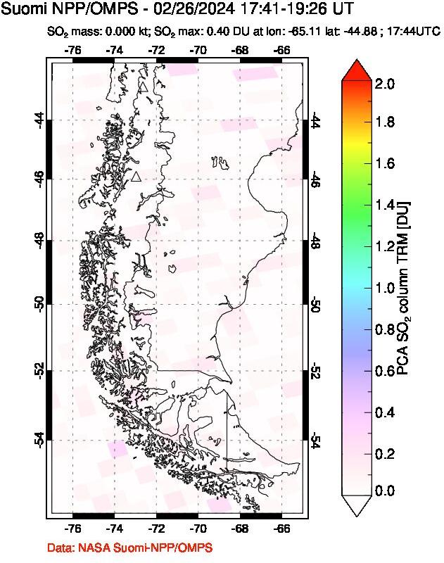 A sulfur dioxide image over Southern Chile on Feb 26, 2024.