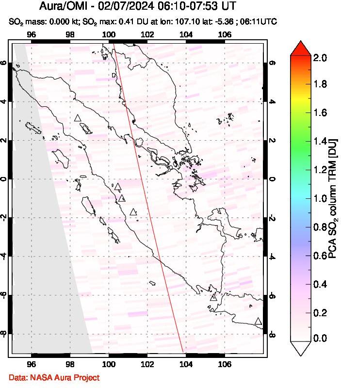A sulfur dioxide image over Sumatra, Indonesia on Feb 07, 2024.