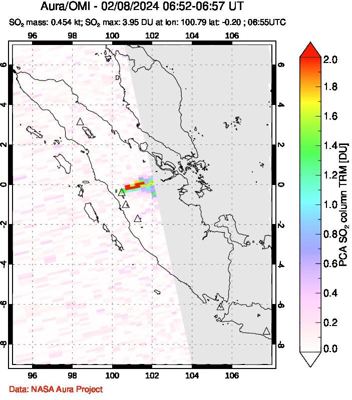 A sulfur dioxide image over Sumatra, Indonesia on Feb 08, 2024.