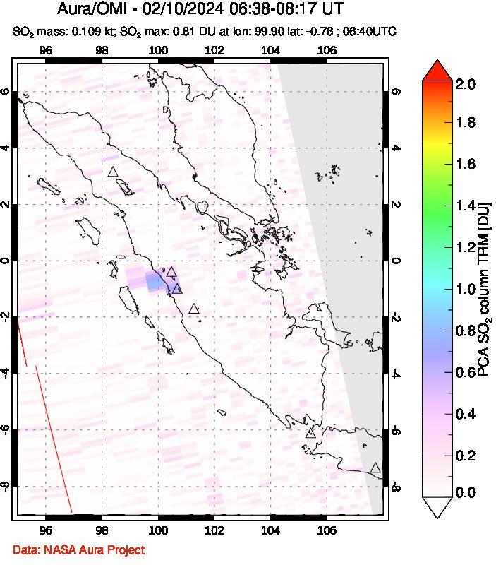 A sulfur dioxide image over Sumatra, Indonesia on Feb 10, 2024.