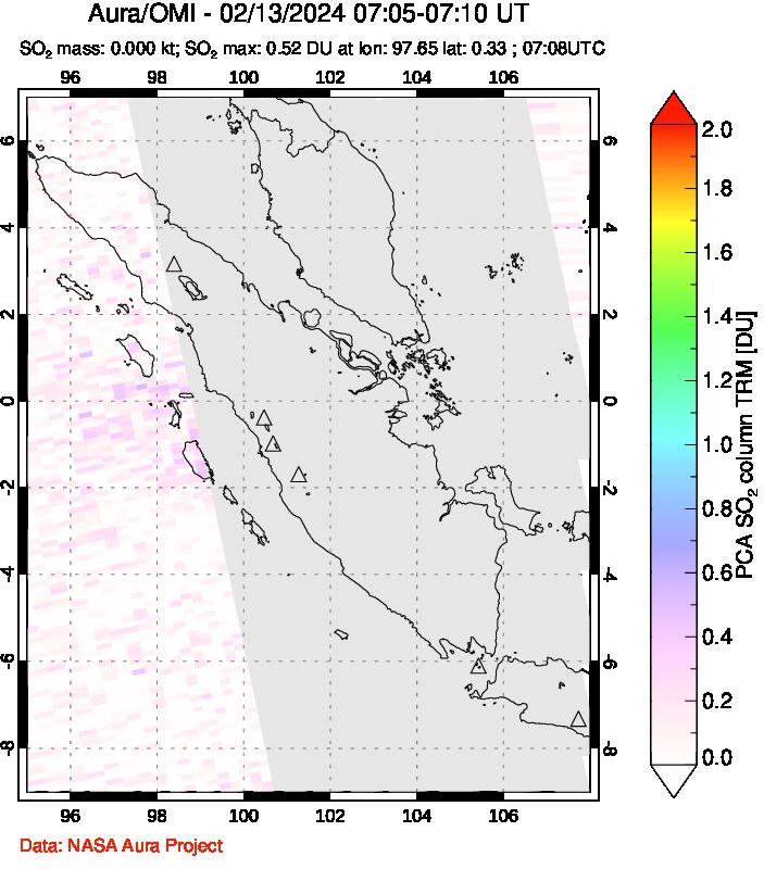 A sulfur dioxide image over Sumatra, Indonesia on Feb 13, 2024.