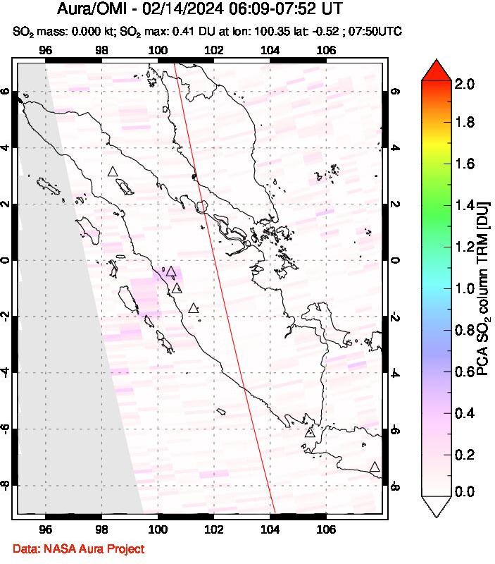 A sulfur dioxide image over Sumatra, Indonesia on Feb 14, 2024.