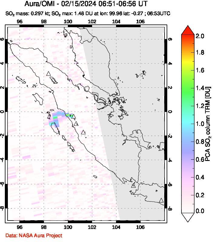 A sulfur dioxide image over Sumatra, Indonesia on Feb 15, 2024.