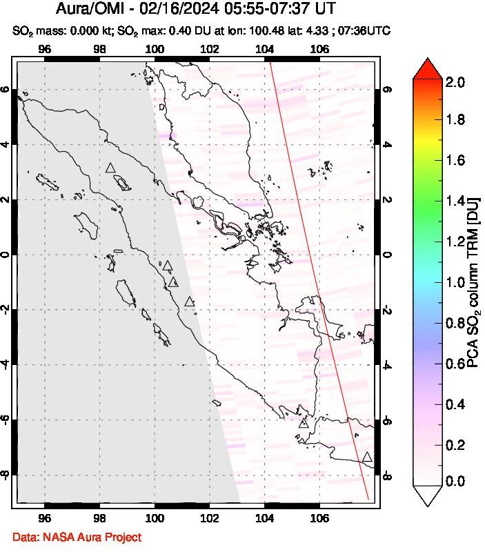 A sulfur dioxide image over Sumatra, Indonesia on Feb 16, 2024.