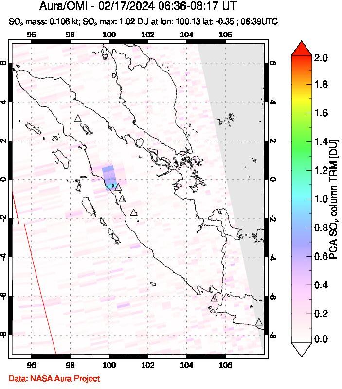 A sulfur dioxide image over Sumatra, Indonesia on Feb 17, 2024.
