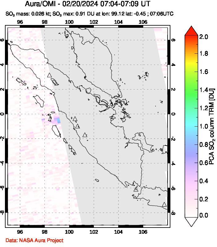 A sulfur dioxide image over Sumatra, Indonesia on Feb 20, 2024.
