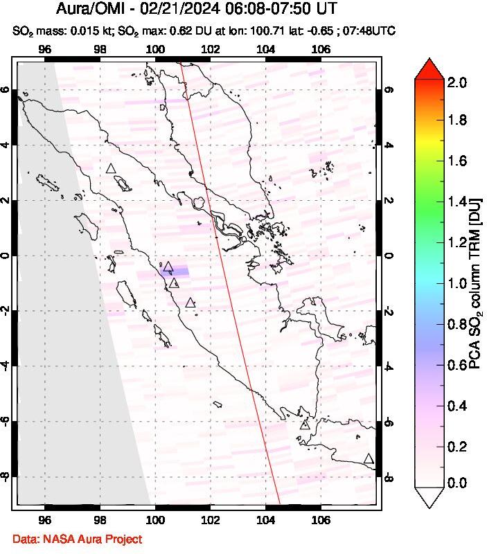 A sulfur dioxide image over Sumatra, Indonesia on Feb 21, 2024.