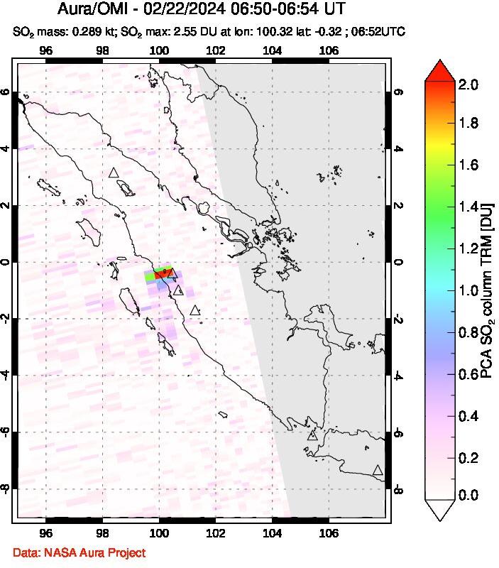 A sulfur dioxide image over Sumatra, Indonesia on Feb 22, 2024.