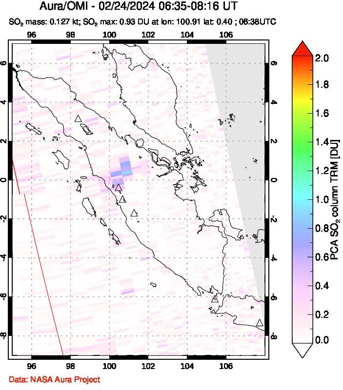 A sulfur dioxide image over Sumatra, Indonesia on Feb 24, 2024.
