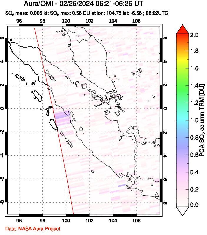A sulfur dioxide image over Sumatra, Indonesia on Feb 26, 2024.