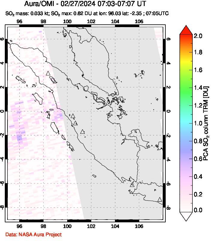 A sulfur dioxide image over Sumatra, Indonesia on Feb 27, 2024.