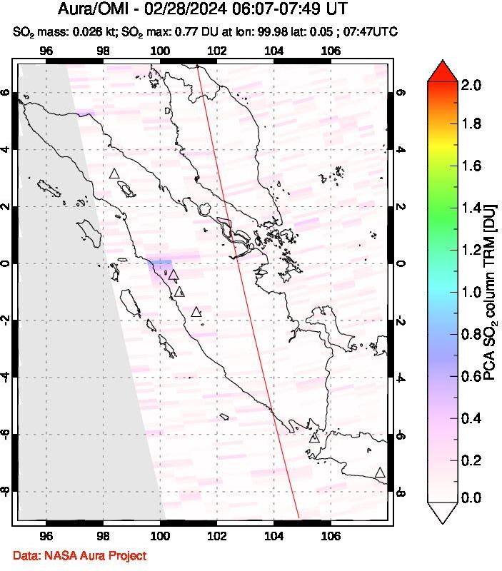 A sulfur dioxide image over Sumatra, Indonesia on Feb 28, 2024.