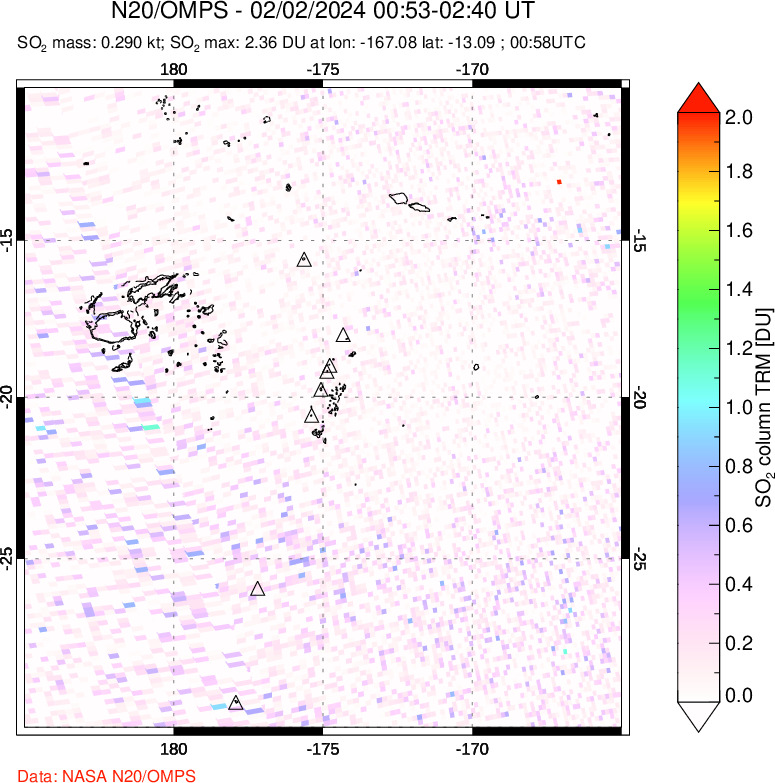 A sulfur dioxide image over Tonga, South Pacific on Feb 02, 2024.