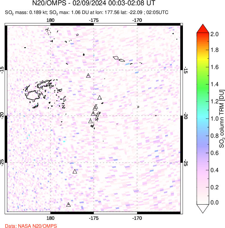 A sulfur dioxide image over Tonga, South Pacific on Feb 09, 2024.